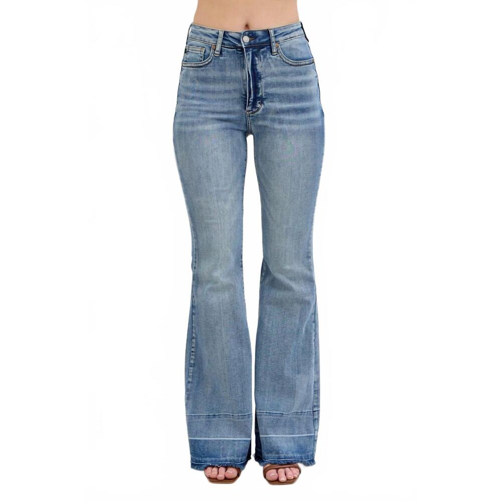 NEW JUDY BLUE high waisted tummy control with release hem flare jeans in mid blu